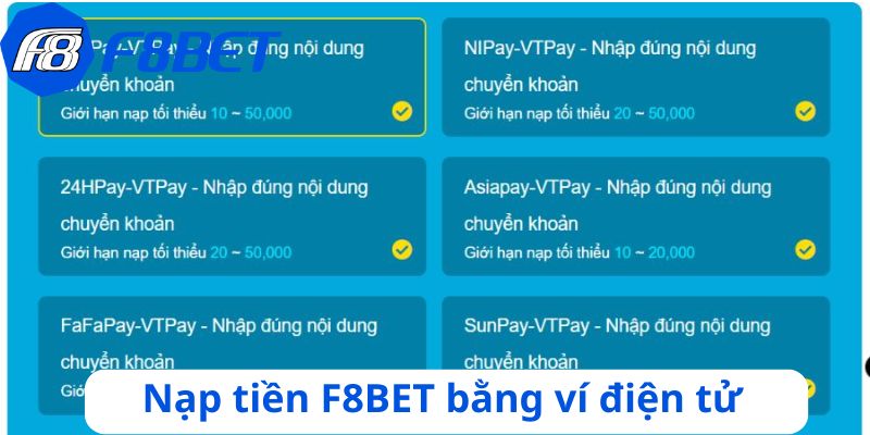 Nạp tiền F8BET bằng các loại ví điện tử